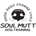 A black and white logo of a dog with words