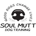 A black and white logo of a dog with words